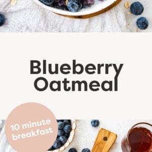 Bowls of blueberry oatmeal topped with blueberries, peanut butter and milk.