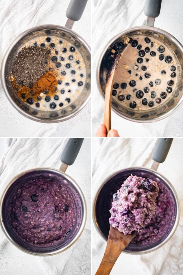 Collage of four photos showing blueberry oatmeal being cooked in a pot.