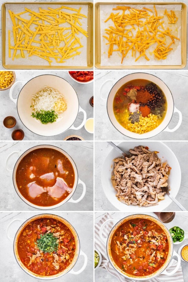 Collage of 8 photos showing the steps to make Chicken Tortilla Soup: making crispy corn tortilla strips and cooking the soup in a pot.