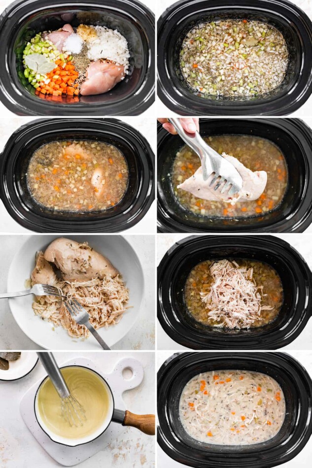 Collage of 8 photos showing the steps to make Slow Cooker Chicken Wild Rice Soup.