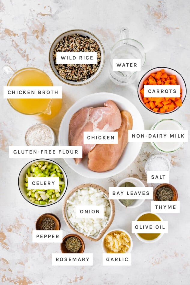 Ingredients measured out to make Slow Cooker Chicken Wild Rice Soup: wild rice, water, carrots, chicken broth, chicken, non-dairy milk, gluten-free flour, salt, bay leaves, thyme, celery, onion, olive oil, garlic, rosemary and pepper.