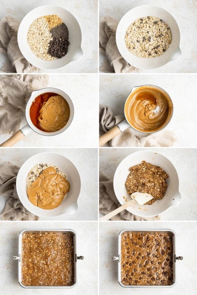 Collage of 8 photos showing the steps to make Chocolate Peanut Butter Granola Bars, mixing the oats and chocolate with peanut butter mixture.