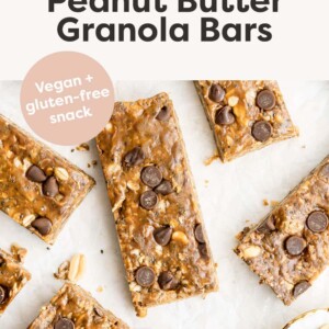 Chocolate peanut butter granola bars studded with chocolate chips.