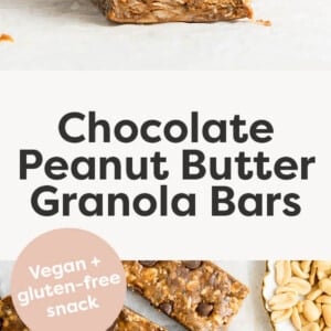 Chocolate peanut butter granola bars studded with chocolate chips.