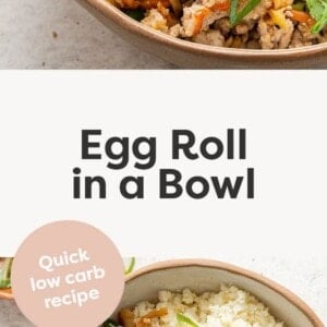 Photos of egg roll in a bowl served with cauliflower rice.