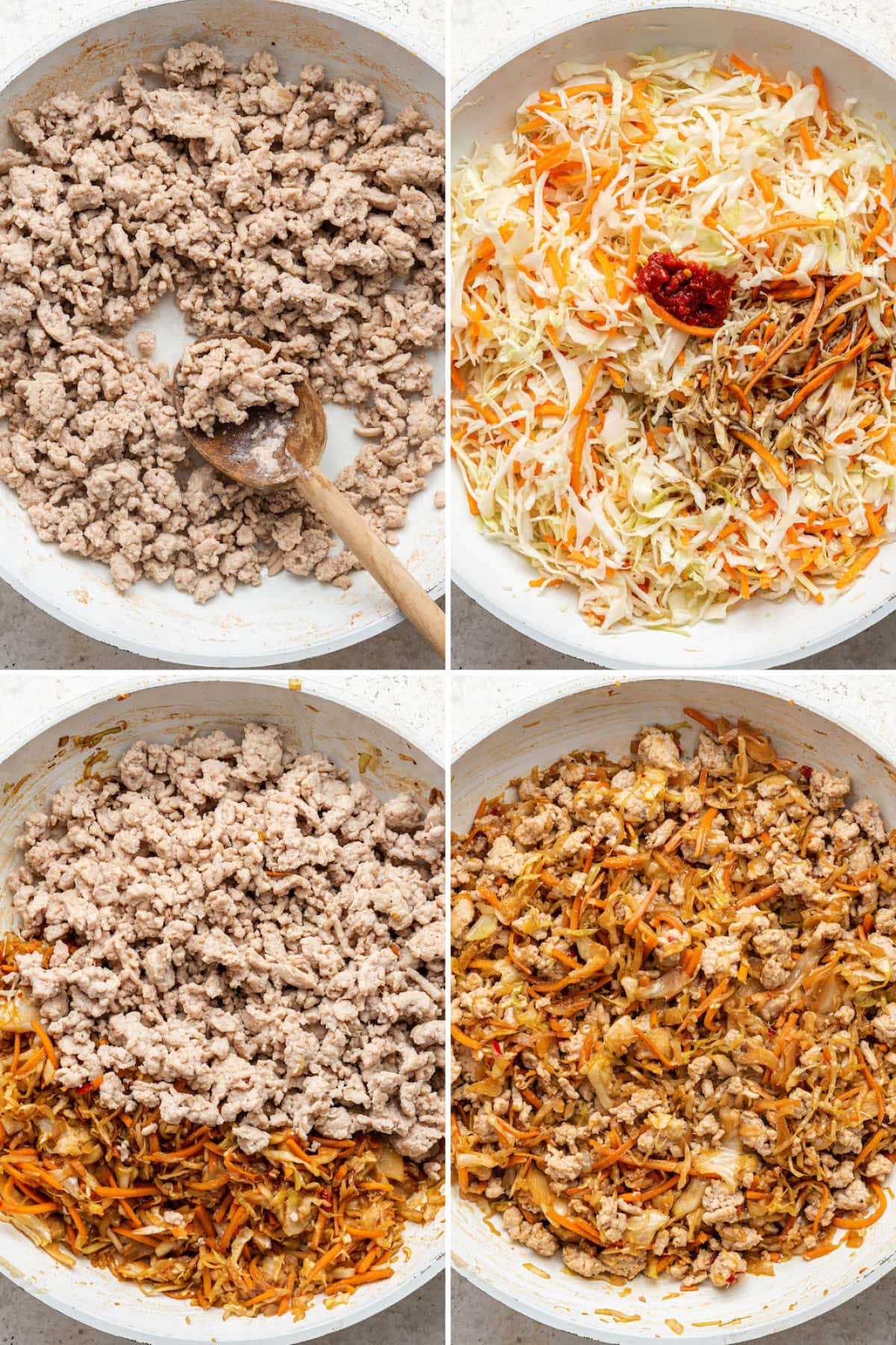 Collage of four photos showing the steps to make Egg Roll in a Bowl, cooking the ground turkey and adding the coleslaw mix.