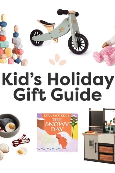 Collage of kid's holiday gift toy ideas for a gift guide.