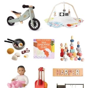 Collage of kid's holiday gift toy ideas for a gift guide.