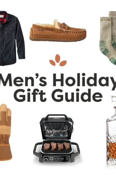 Gift items for men's holiday gifts: shirt, slipper, socks, glove, grill and decanter.