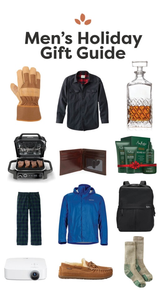 Items for a men's holiday gift guide: gloves, shirt, decanter, grill, wallet, shave kit, pj pants, rain jacket, backpack, projector, slippers and socks.