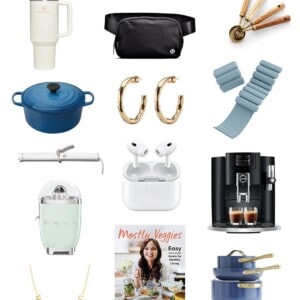 Collage of women's gift guide ideas: tumbler, belt bag, measuring spoons, pot, earrings, ankle weights, curling iron, air pods, espresso machine, juicer, necklace, cookbook, pans, claw clips, candle and art.