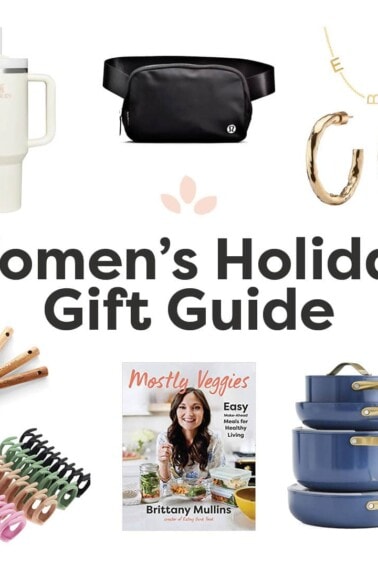 Collage of women's holiday gift ideas: tumbler, belt bag, jewelry, measuring spoons, claw clips, cookbook and pans.