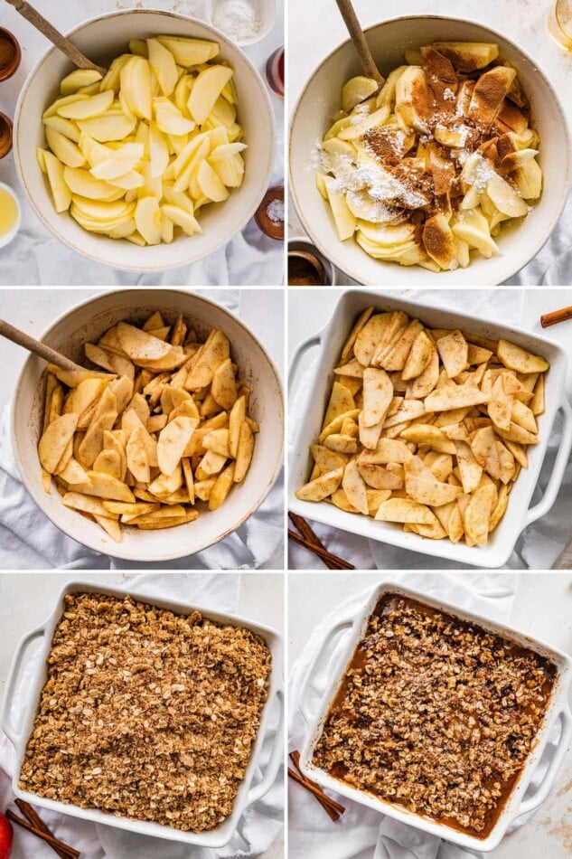 Collage of 6 photos showing the steps to make Healthy Apple Crisp: tossing apples with spices and then topped with crumble in a dish and baked.