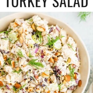 Bowl with leftover turkey salad.