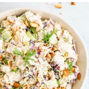 Bowl with leftover turkey salad.