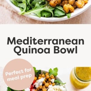 Mediterranean Quinoa Bowls with quinoa, arugula, chickpeas, tomatoes, red onion, cucumbers, kalamata olives, feta cheese and hummus drizzled with tzatziki.