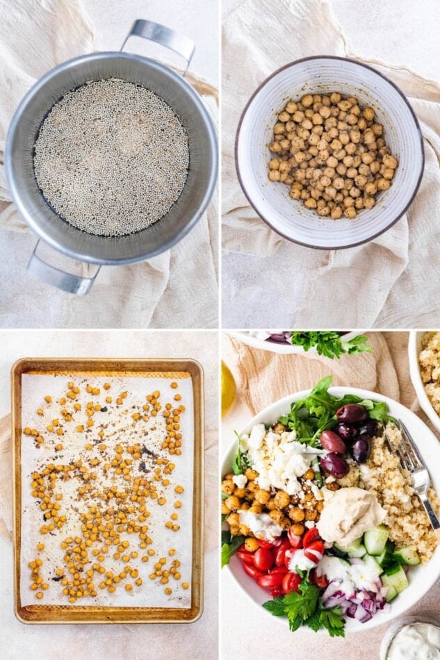 Collage of four photos showing the steps to make Mediterranean Quinoa Bowl: cooking quinoa, roasting chickpeas with spices and then assembling the bowl.