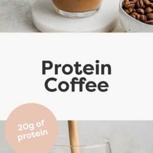 Glasses of protein coffee served with ice and a straw.