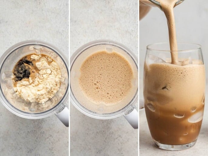 Three photos showing the process to make Protein Coffee by mixing protein powder and cold brew together, then pouring over ice.