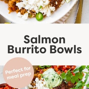 Salmon burrito bowls topped with avocado crema and toppings.