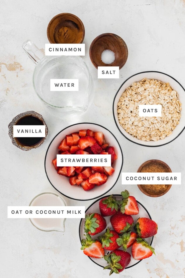 Ingredients measured out to make Strawberries and Cream Oatmeal: cinnamon salt, water, oats, vanilla, strawberries, coconut sugar and oat/coconut milk.