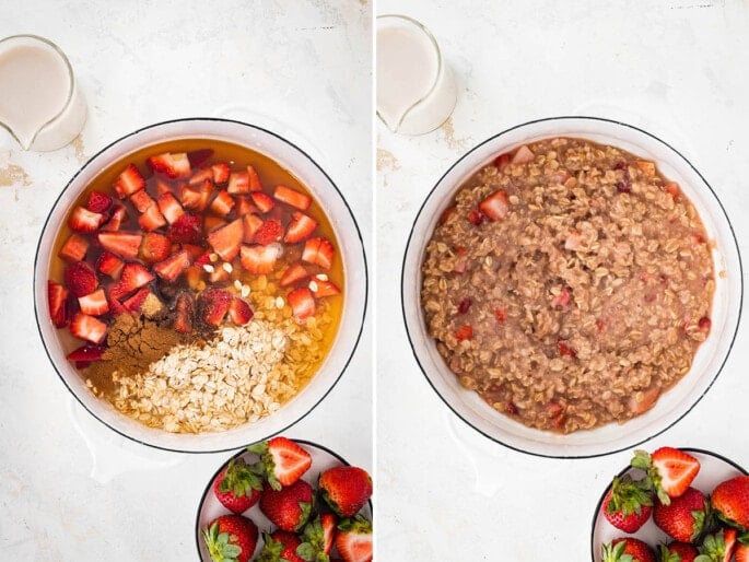 Side by side photos of Strawberries and Cream Oatmeal being cooked in a pot.
