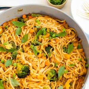 Coconut curry SunButter noodles in a pan.