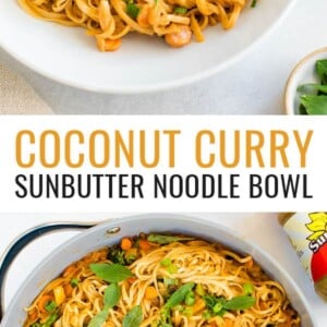 A serving of coconut curry SunButter noodles in a bowl. Photo below: Coconut curry SunButter noodles in a pan.