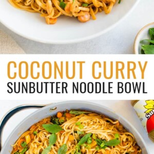 A serving of coconut curry SunButter noodles in a bowl. Photo below: Coconut curry SunButter noodles in a pan.