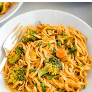 A serving of coconut curry SunButter noodles in a bowl.