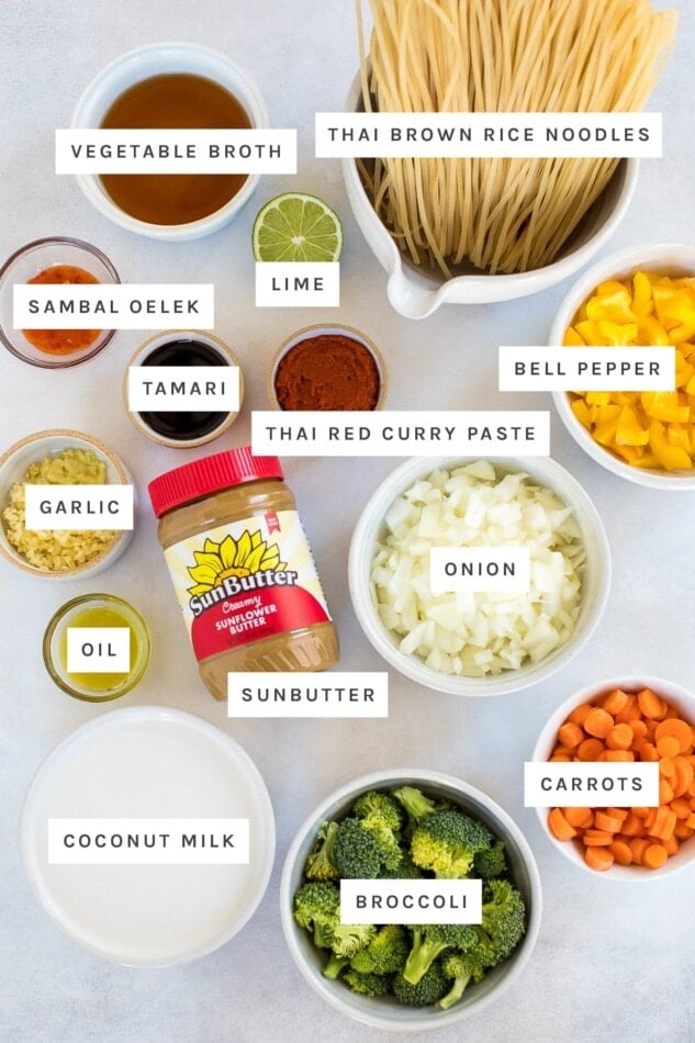 Ingredients measured out to make Coconut Curry SunButter Noodle Bowl: vegetable broth, brown rice noodles, sambal oelek, lime, tamari, red curry paste, bell pepper, garlic, oil, SunButter, onion, coconut milk, broccoli and carrots.