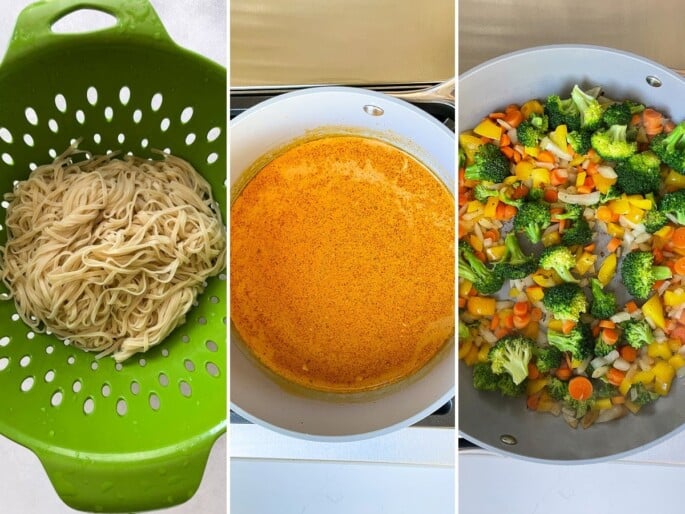 Three photos: colander of brown rice noodles, saucepan with sunbutter sauce, skillet with cooked veggies.
