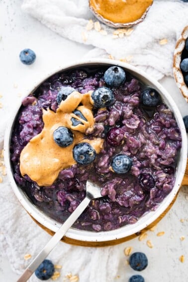 A bowl of blueberry oatmeal.