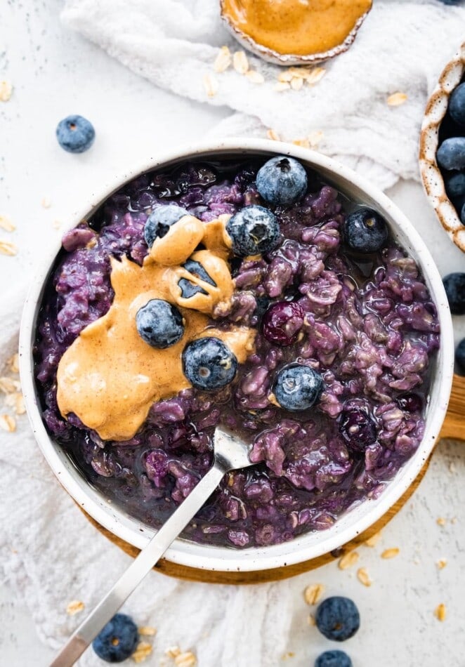 A bowl of blueberry oatmeal.
