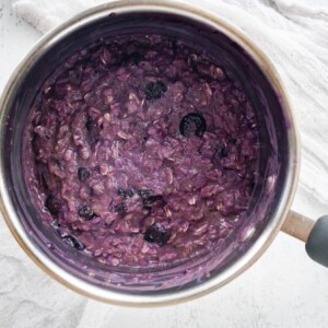 Blueberry oatmeal in a sauce pan.