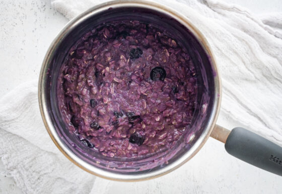 Blueberry oatmeal in a sauce pan.