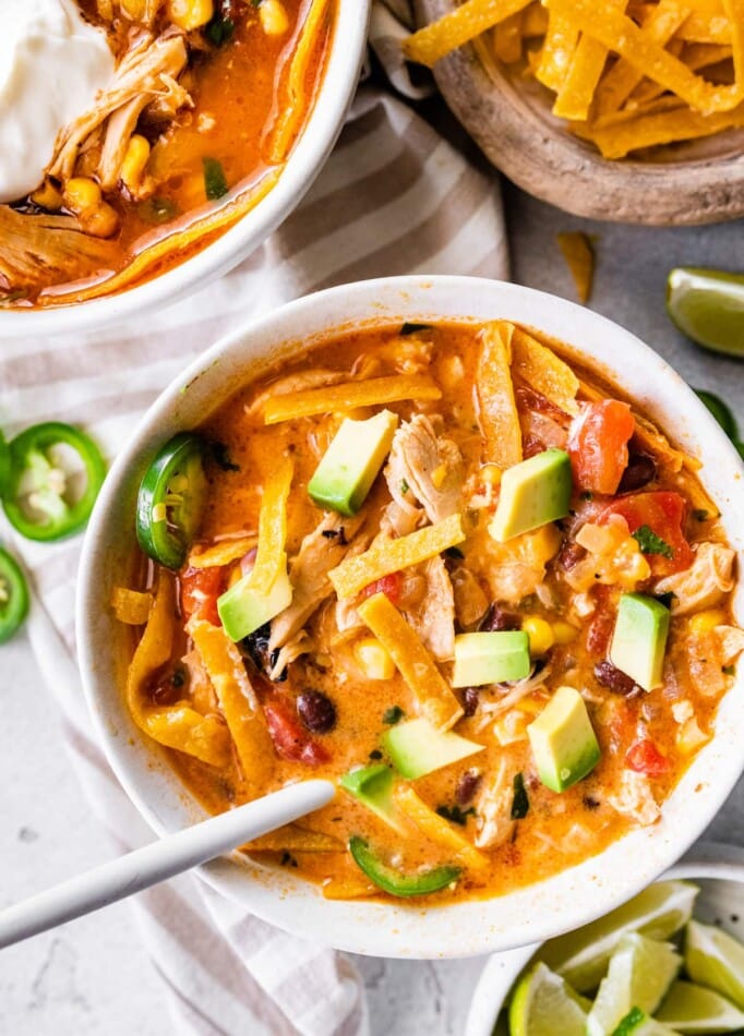 A bowl of chicken tortilla soup.