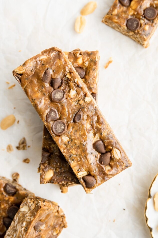 A stack of chocolate peanut butter granola bars.