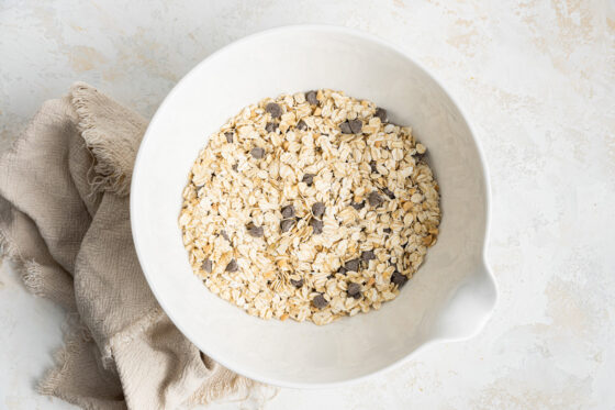 Oats, peanuts, chocolate chunks and chia seeds mixed together in a bowl.