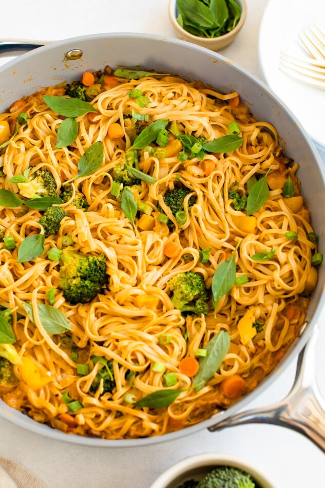 Coconut curry SunButter noodles in a pan.