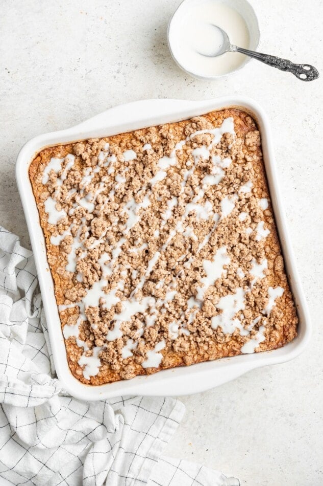 Coffee cake baked oatmeal in a baking dish.