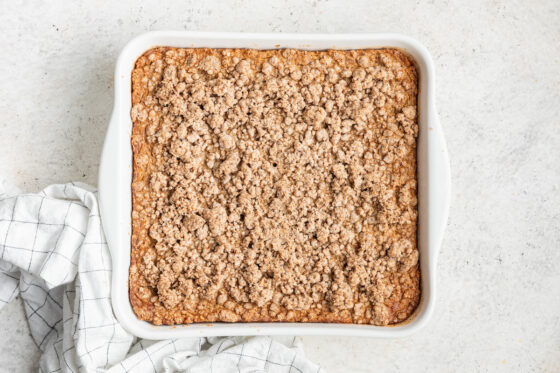 Baked coffee cake oatmeal in a square baking dish.