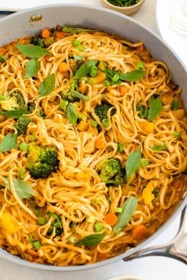 Coconut curry SunButter noodles in a pan.