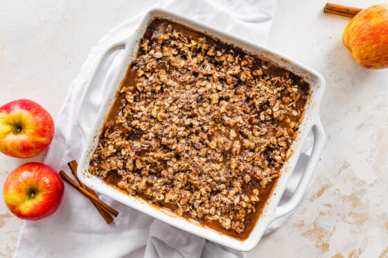 Healthy apple crisp in a baking dish.