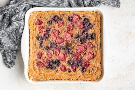 Quinoa breakfast bake in a baking dish.