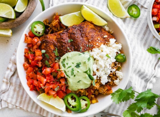 An assembled salmon burrito bowl.