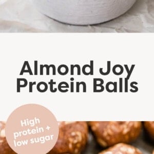 Bowl of almond joy protein balls. Photo below is of the protein balls lined up on a tray.