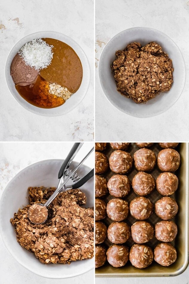 Collage of four photos showing how to make Almond Joy Protein Balls: mixing the ingredients together and then rolling into balls.