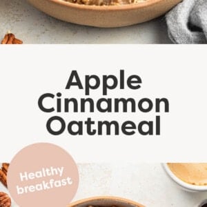 Bowl of apple cinnamon oatmeal topped with apples and cinnamon.