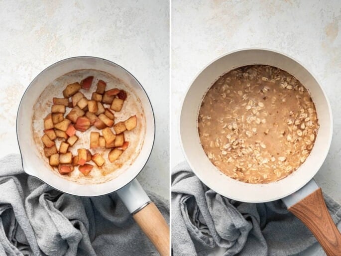 Side by side photos of a pot with the ingredients to make Apple Cinnamon Oatmeal before and after being cooked.